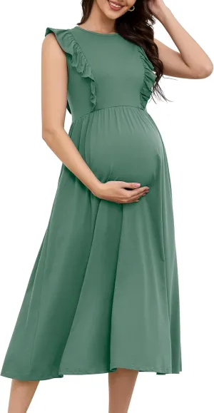 OUGES Womens 2025 Spring Hidden Zipper Nurisng Dress for Breastfeeding Casual Sleeveless Ruffled Midi Maternity Dress