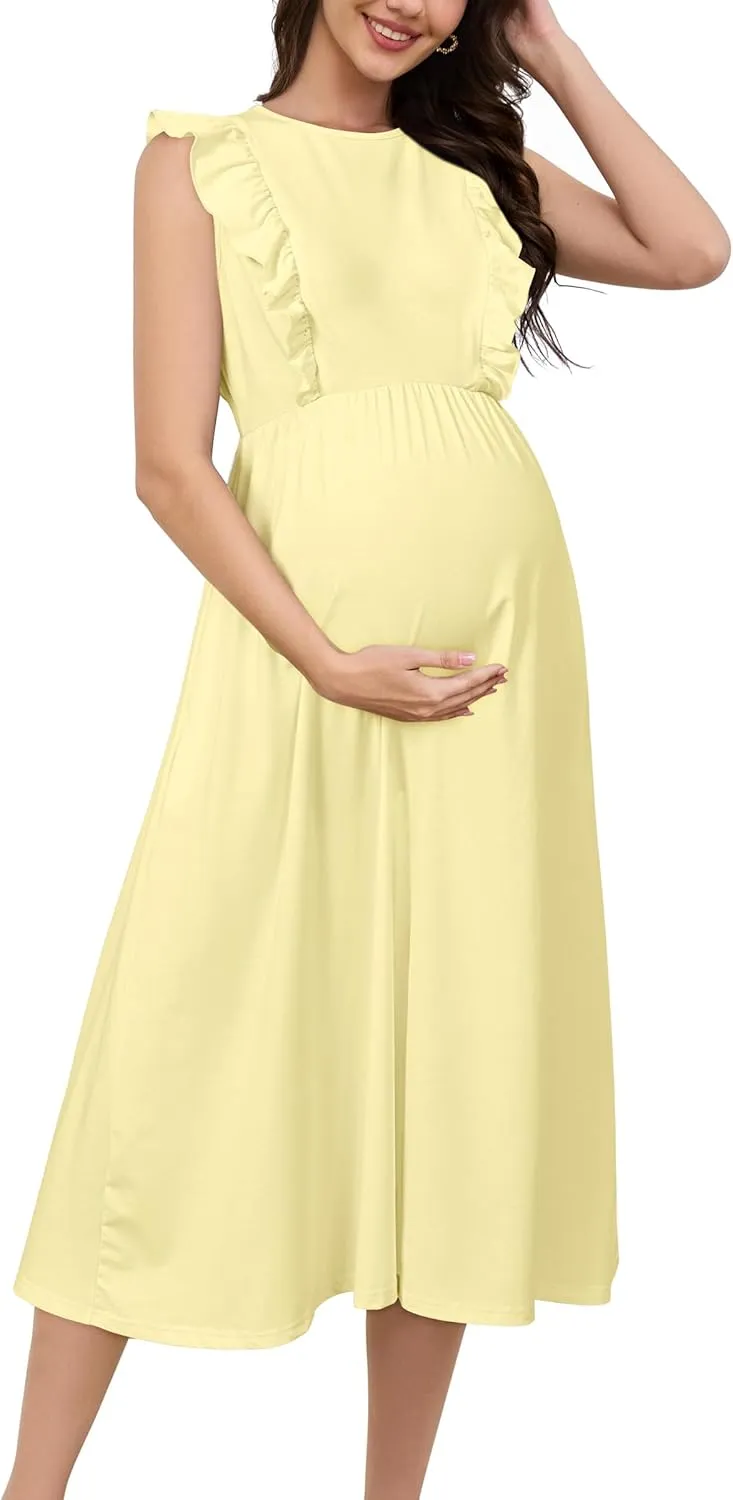 OUGES Womens 2025 Spring Hidden Zipper Nurisng Dress for Breastfeeding Casual Sleeveless Ruffled Midi Maternity Dress