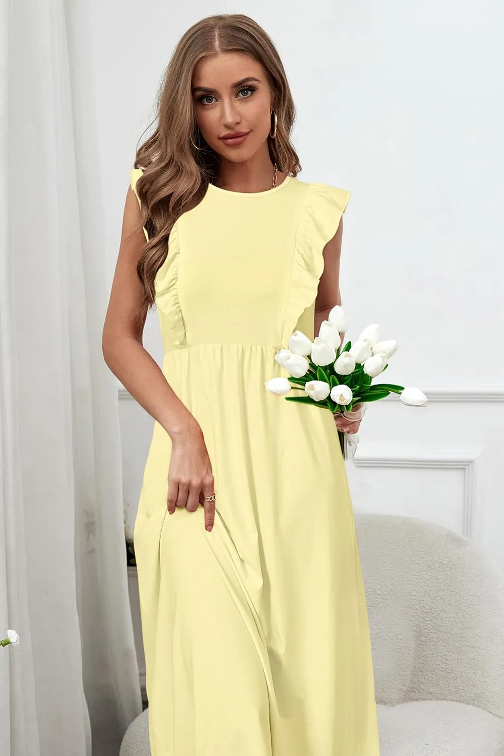 OUGES Womens 2025 Spring Hidden Zipper Nurisng Dress for Breastfeeding Casual Sleeveless Ruffled Midi Maternity Dress