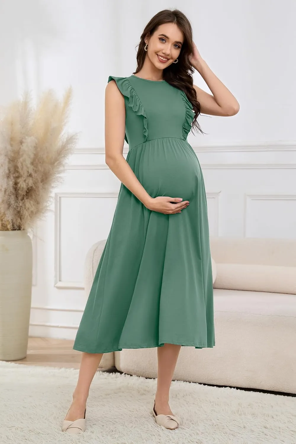 OUGES Womens 2025 Spring Hidden Zipper Nurisng Dress for Breastfeeding Casual Sleeveless Ruffled Midi Maternity Dress