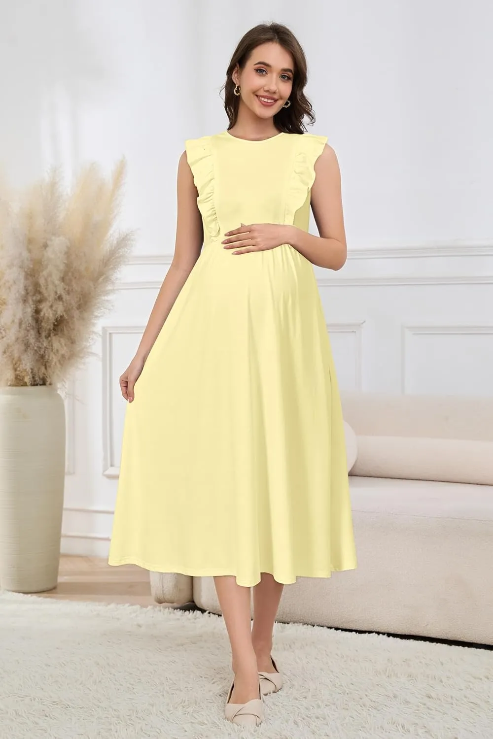 OUGES Womens 2025 Spring Hidden Zipper Nurisng Dress for Breastfeeding Casual Sleeveless Ruffled Midi Maternity Dress