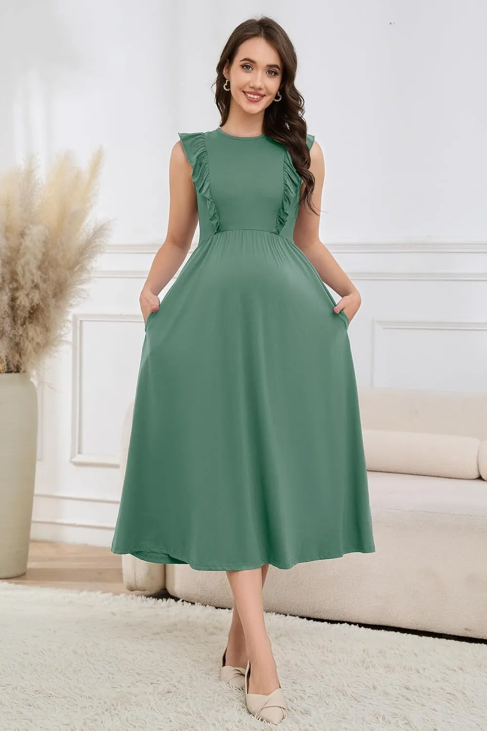OUGES Womens 2025 Spring Hidden Zipper Nurisng Dress for Breastfeeding Casual Sleeveless Ruffled Midi Maternity Dress