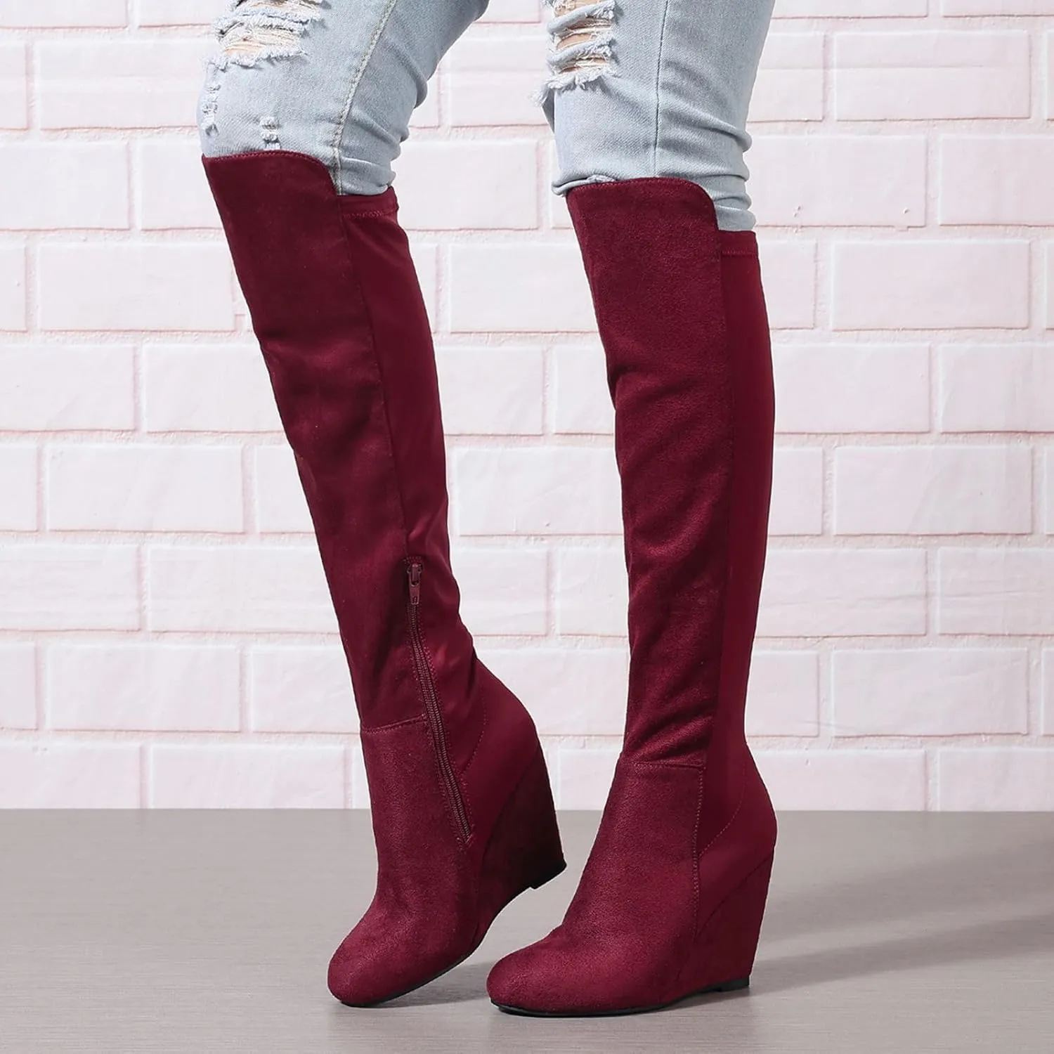 Over the Knee High Boots for Women Wedge Heel Suede Long Stretch Sexy Fashion Tall Boots Black Red US6-11