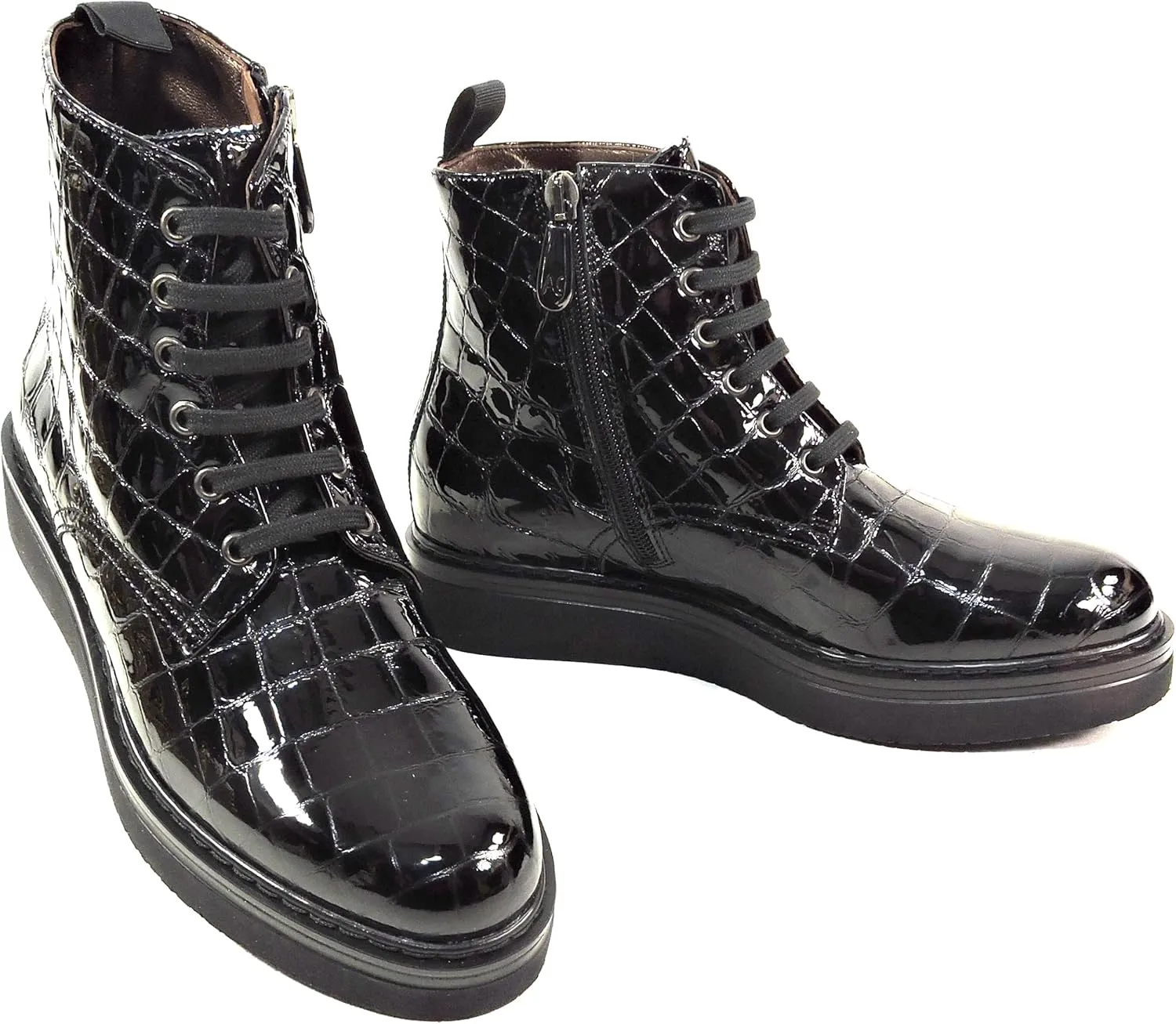 Patent Leather Ankle Boots, Black Croc-Embossed, Platform Sole, Women's EU 37