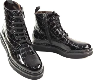Patent Leather Ankle Boots, Black Croc-Embossed, Platform Sole, Women's EU 37
