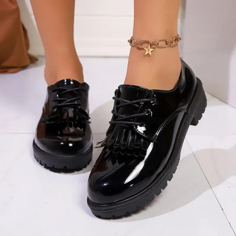 Patent Leather Low Heel Shoes – Round Toe Lace-Up Flats