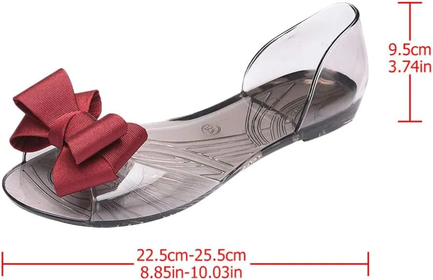 Peep-Toe Sandals for Women - Clear Jelly Flats With Bowtie for Work, Beach, and Summer - Ladies Slipper