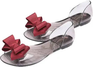 Peep-Toe Sandals for Women - Clear Jelly Flats With Bowtie for Work, Beach, and Summer - Ladies Slipper