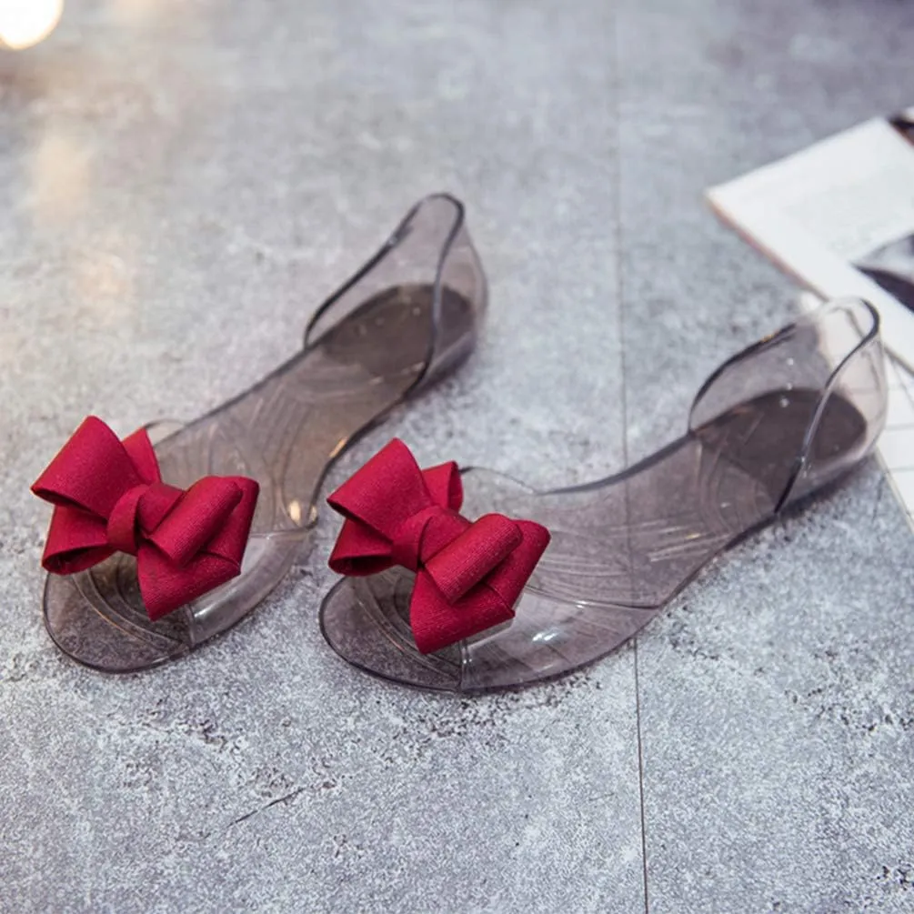 Peep-Toe Sandals for Women - Clear Jelly Flats With Bowtie for Work, Beach, and Summer - Ladies Slipper