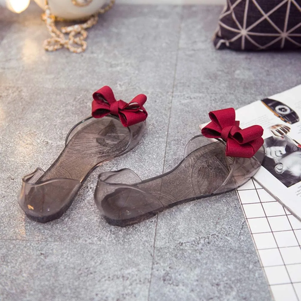 Peep-Toe Sandals for Women - Clear Jelly Flats With Bowtie for Work, Beach, and Summer - Ladies Slipper