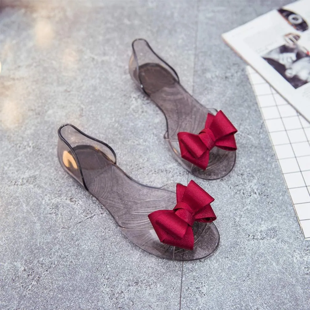 Peep-Toe Sandals for Women - Clear Jelly Flats With Bowtie for Work, Beach, and Summer - Ladies Slipper
