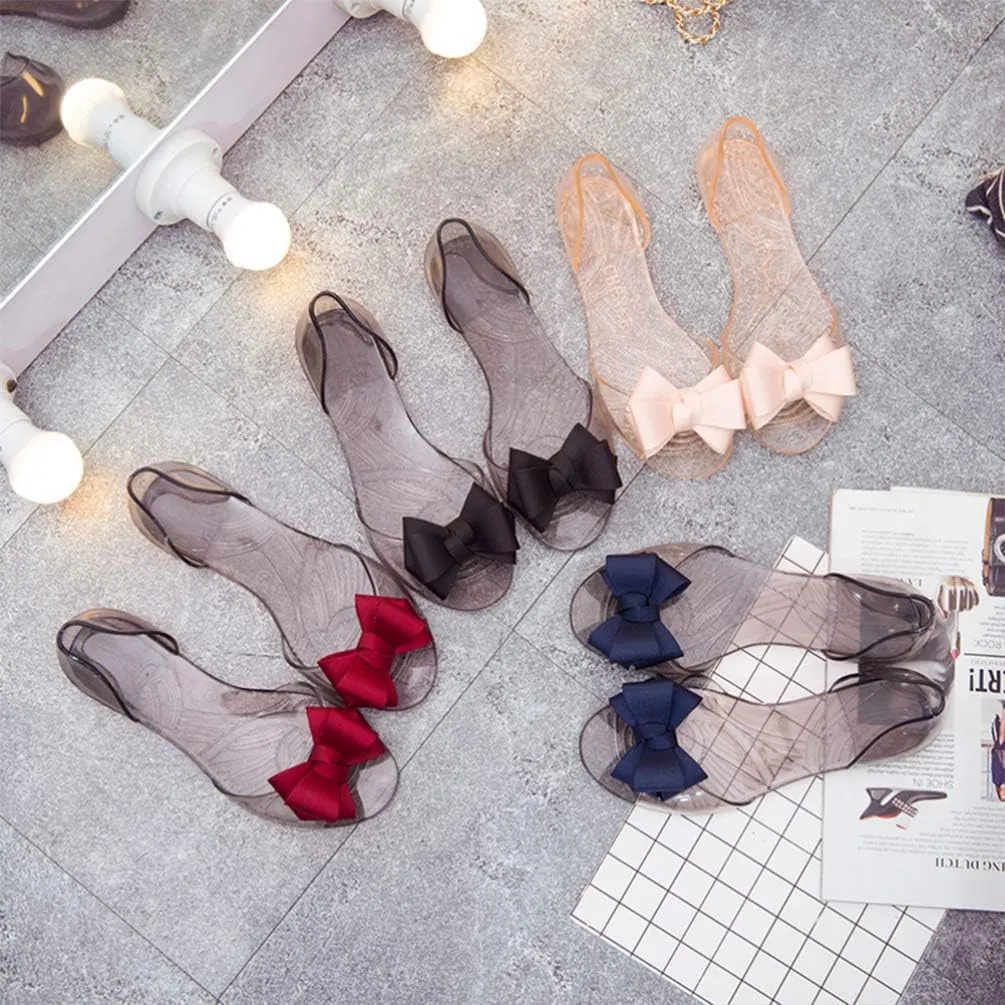 Peep-Toe Sandals for Women - Clear Jelly Flats With Bowtie for Work, Beach, and Summer - Ladies Slipper