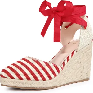 Perphy Stripe Lace Up Espadrilles Platform Wedge Sandals for Women