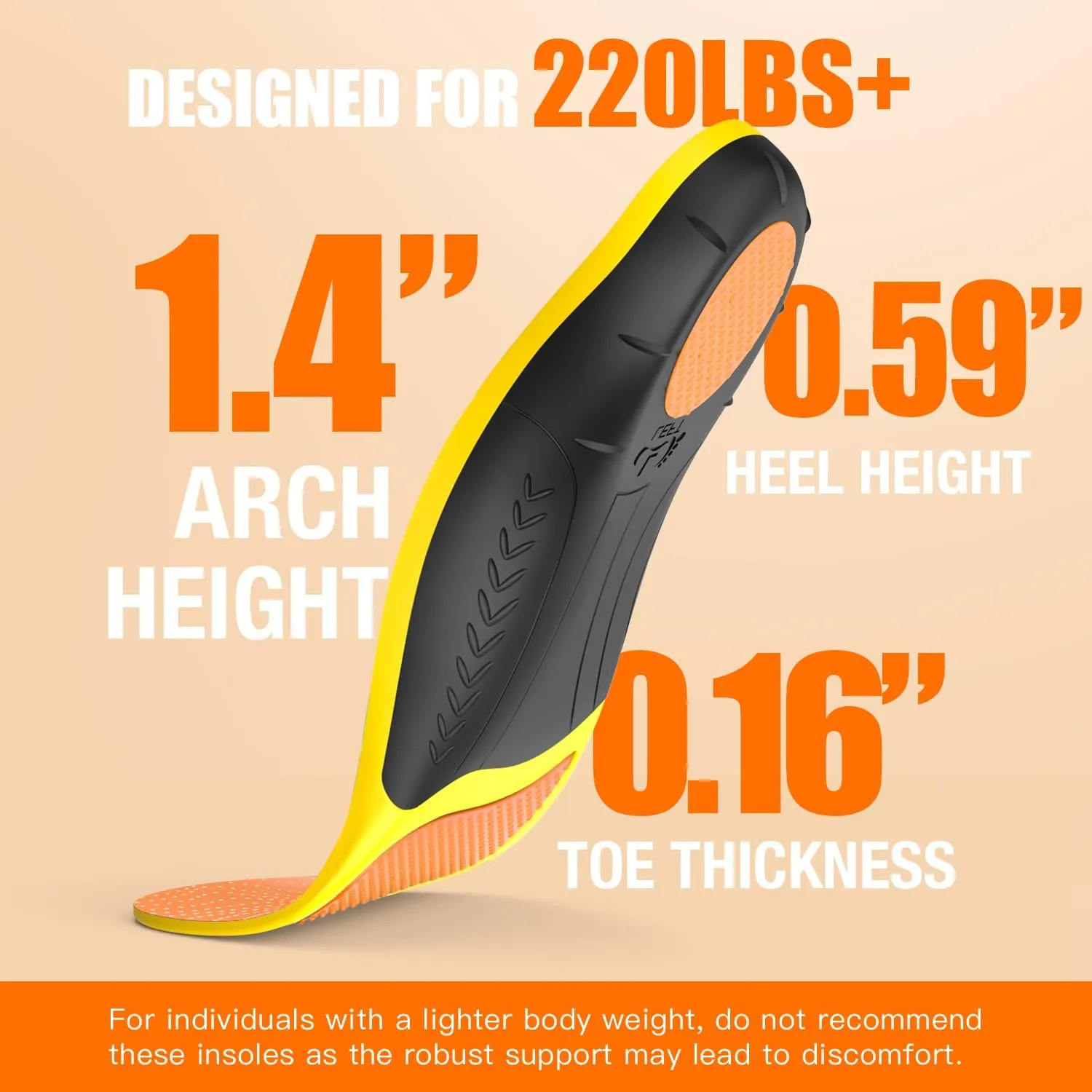 Plantar Fasciitis Insoles - High Arch Support Inserts, Gel Cushion, Relief for Flat Feet - 220  lbs Orthotics Insoles Ideal for Work Boots (Orange, Men 7-8.5 | Women 8-9.5)