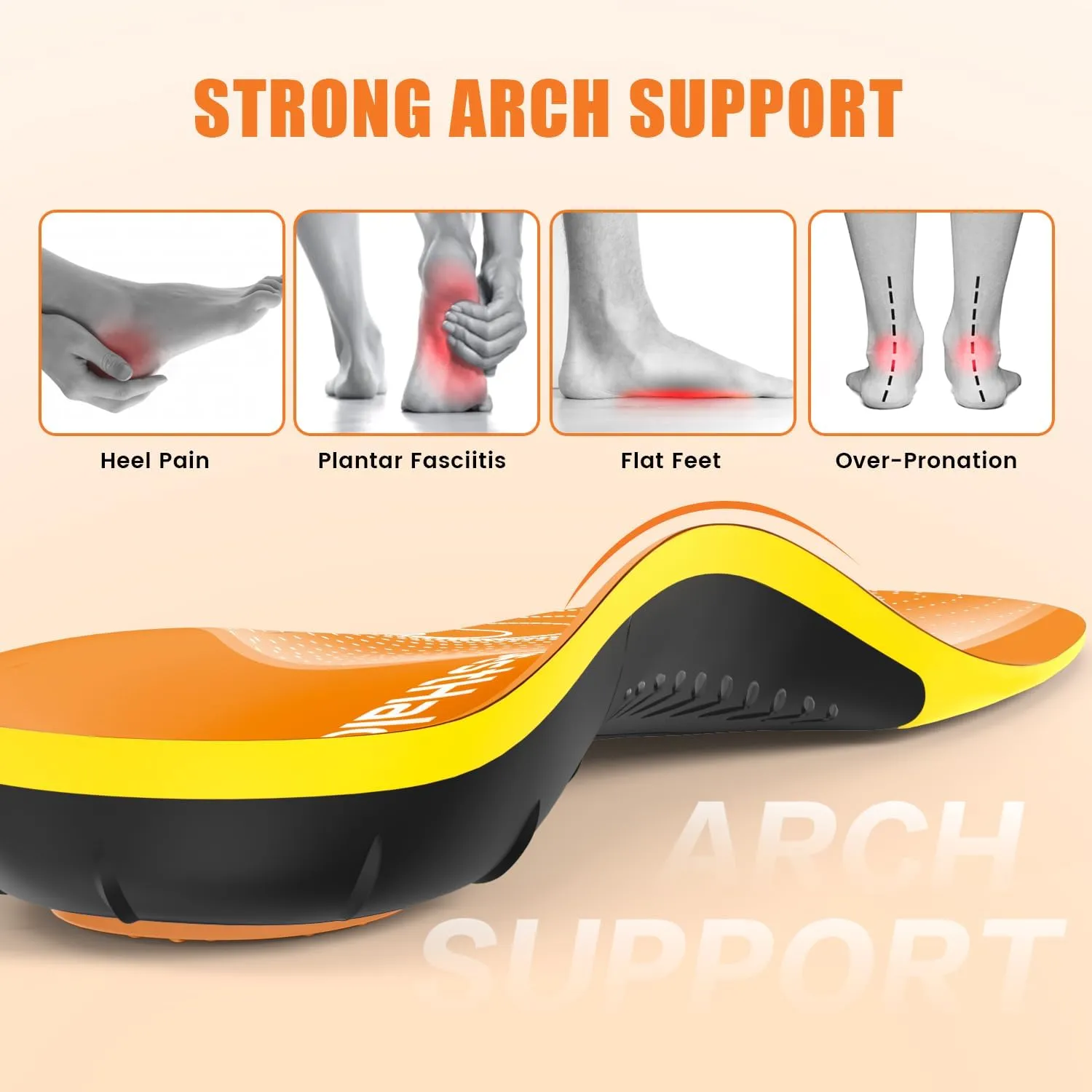 Plantar Fasciitis Insoles - High Arch Support Inserts, Gel Cushion, Relief for Flat Feet - 220  lbs Orthotics Insoles Ideal for Work Boots (Orange, Men 7-8.5 | Women 8-9.5)