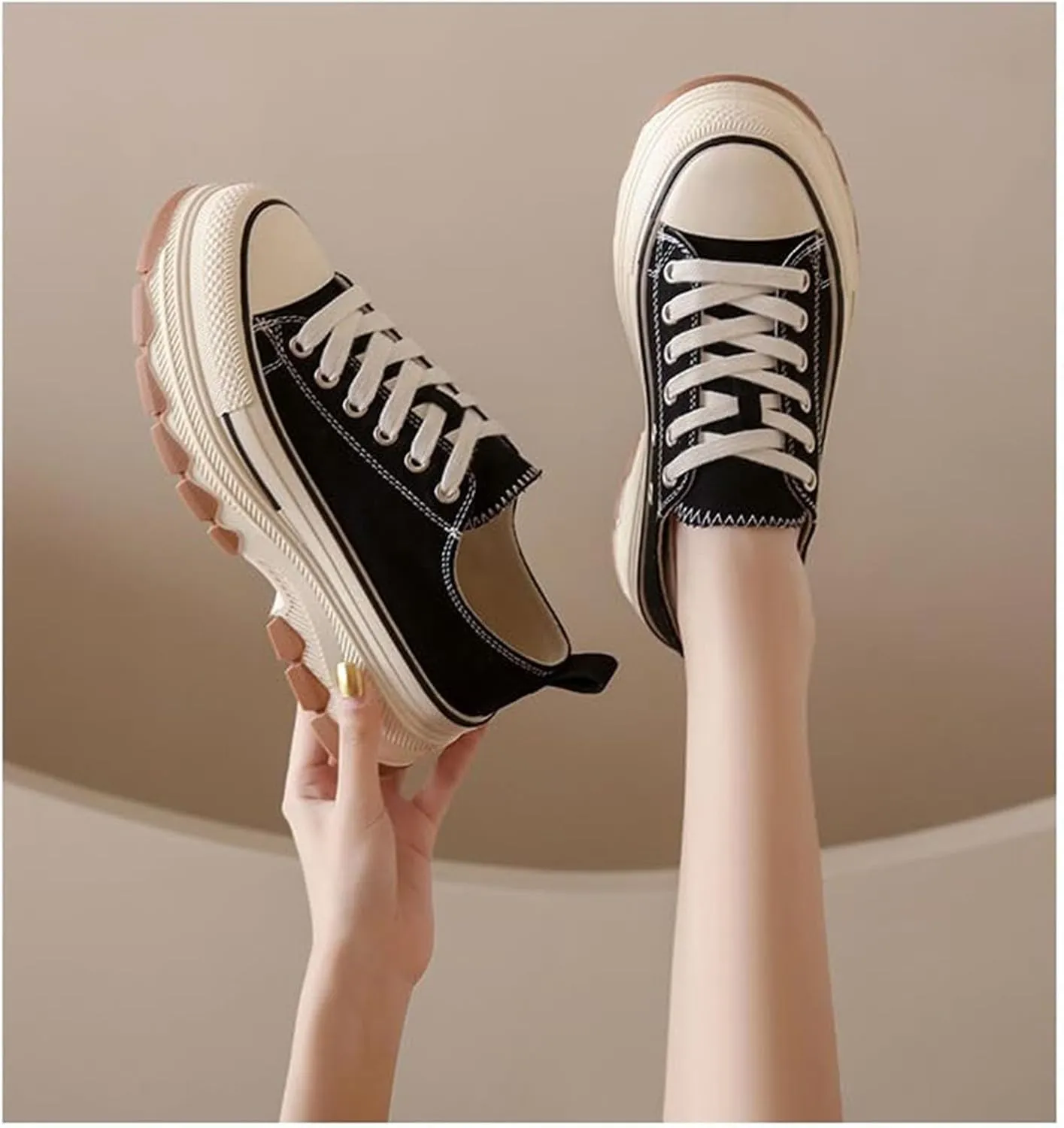 Platform Canvas Sneakers for Women Low Top Chunky Canvas Shoes Non Slip Preppy Shoes Breathable Fashion Sneakers