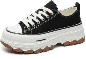 Platform Canvas Sneakers for Women Low Top Chunky Canvas Shoes Non Slip Preppy Shoes Breathable Fashion Sneakers