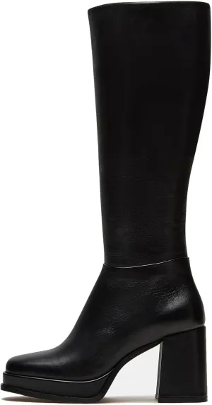 Platform Knee High Boots for Women Leather Square Toe Knee High Boots Chunky Heel Gogo Boots Side Zipper Tall Boots