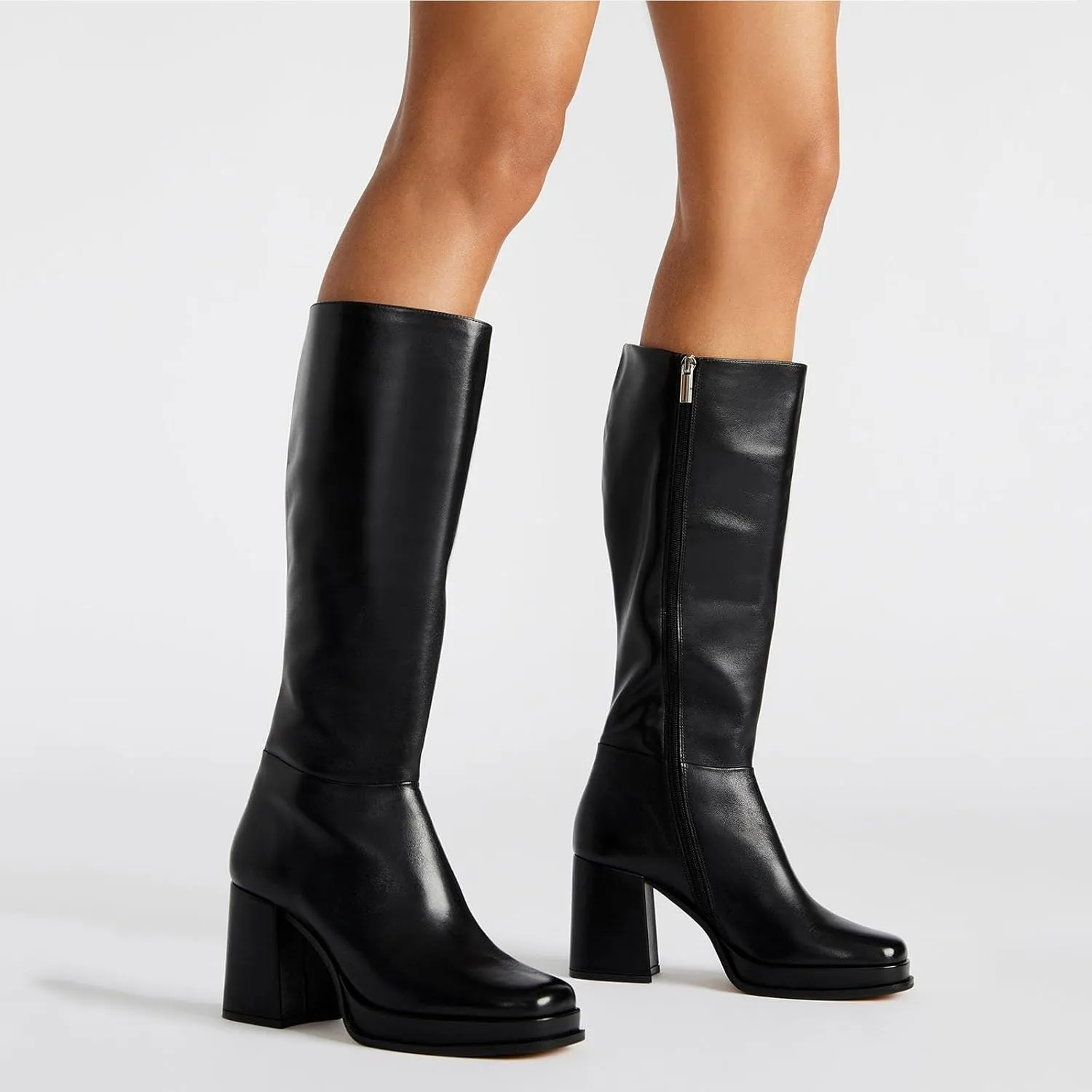 Platform Knee High Boots for Women Leather Square Toe Knee High Boots Chunky Heel Gogo Boots Side Zipper Tall Boots