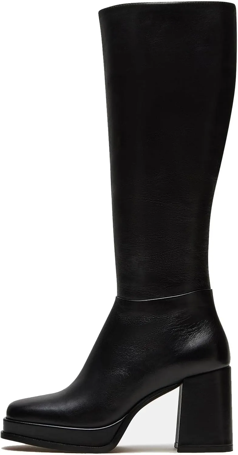 Platform Knee High Boots for Women Leather Square Toe Knee High Boots Chunky Heel Gogo Boots Side Zipper Tall Boots