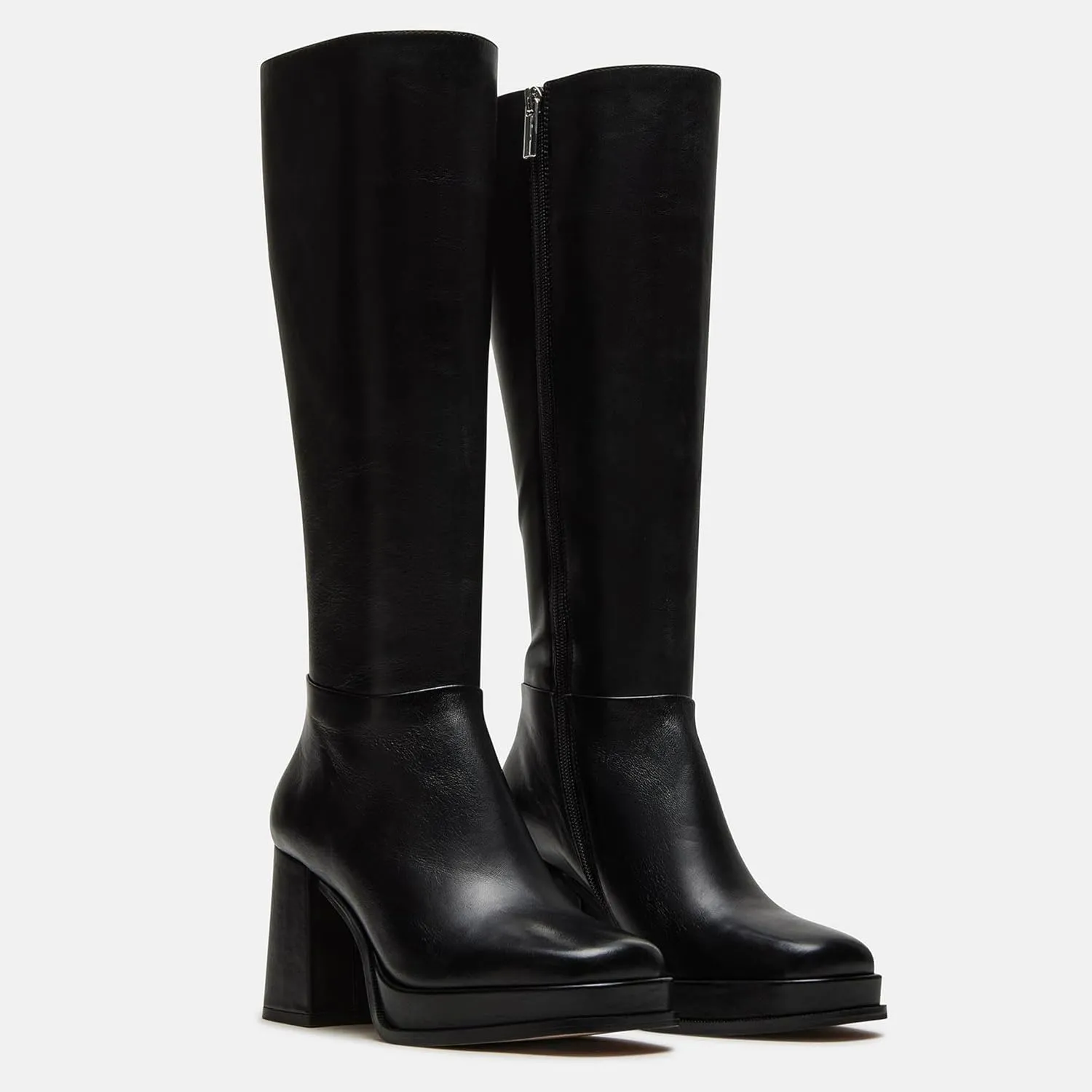 Platform Knee High Boots for Women Leather Square Toe Knee High Boots Chunky Heel Gogo Boots Side Zipper Tall Boots