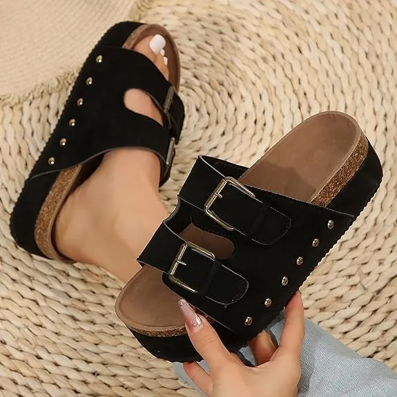 Platform Sandals Women Chunky Y2K, Women's Suede Slip On Flatform Slippers Comfortable with Cork Footbed Studded Flatform Sandals Adjustable Buckle Straps Flat Clogs Open Toe Slide Sandal