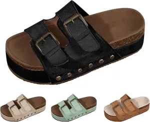 Platform Sandals Women Chunky Y2K, Women's Suede Slip On Flatform Slippers Comfortable with Cork Footbed Studded Flatform Sandals Adjustable Buckle Straps Flat Clogs Open Toe Slide Sandal