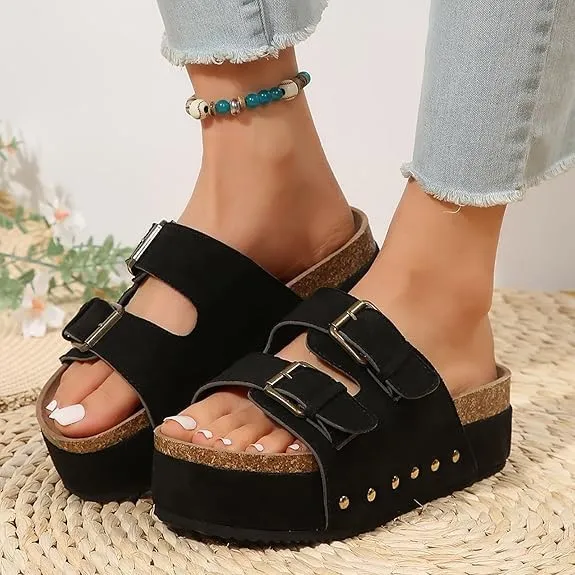 Platform Sandals Women Chunky Y2K, Women's Suede Slip On Flatform Slippers Comfortable with Cork Footbed Studded Flatform Sandals Adjustable Buckle Straps Flat Clogs Open Toe Slide Sandal