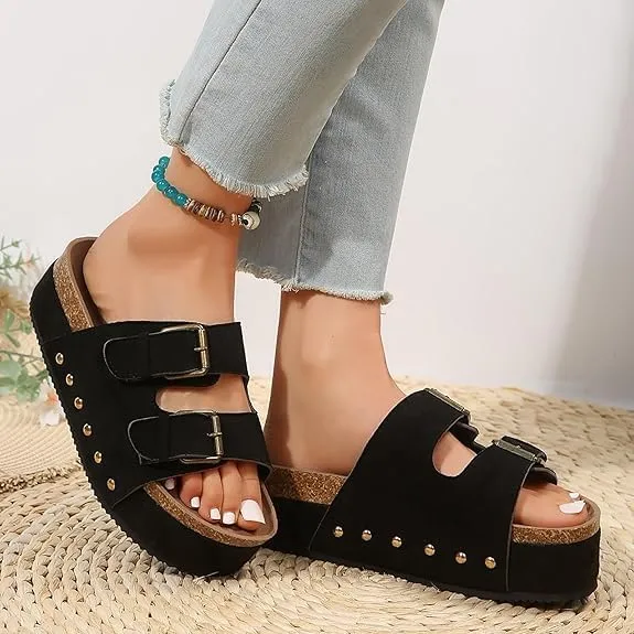 Platform Sandals Women Chunky Y2K, Women's Suede Slip On Flatform Slippers Comfortable with Cork Footbed Studded Flatform Sandals Adjustable Buckle Straps Flat Clogs Open Toe Slide Sandal