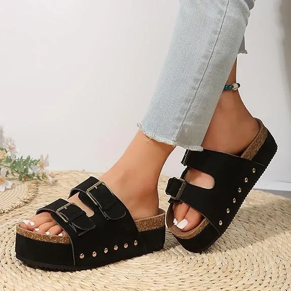 Platform Sandals Women Chunky Y2K, Women's Suede Slip On Flatform Slippers Comfortable with Cork Footbed Studded Flatform Sandals Adjustable Buckle Straps Flat Clogs Open Toe Slide Sandal