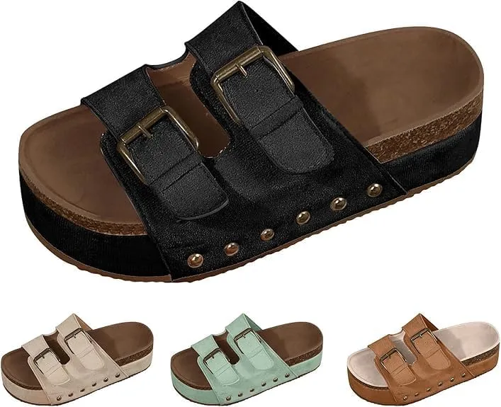 Platform Sandals Women Chunky Y2K, Women's Suede Slip On Flatform Slippers Comfortable with Cork Footbed Studded Flatform Sandals Adjustable Buckle Straps Flat Clogs Open Toe Slide Sandal