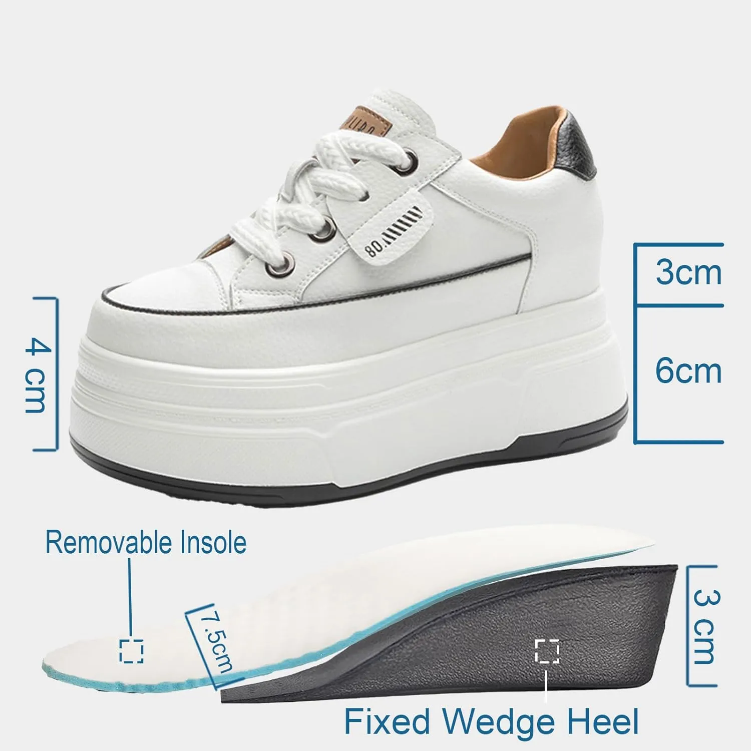 Platform Sneakers for Women - 6cm Heel & 3cm Inner Lift, Comfortable Cushioned Arch Support, Non-Slip Casual Walking Shoes, Microfiber Leather Platform Shoes