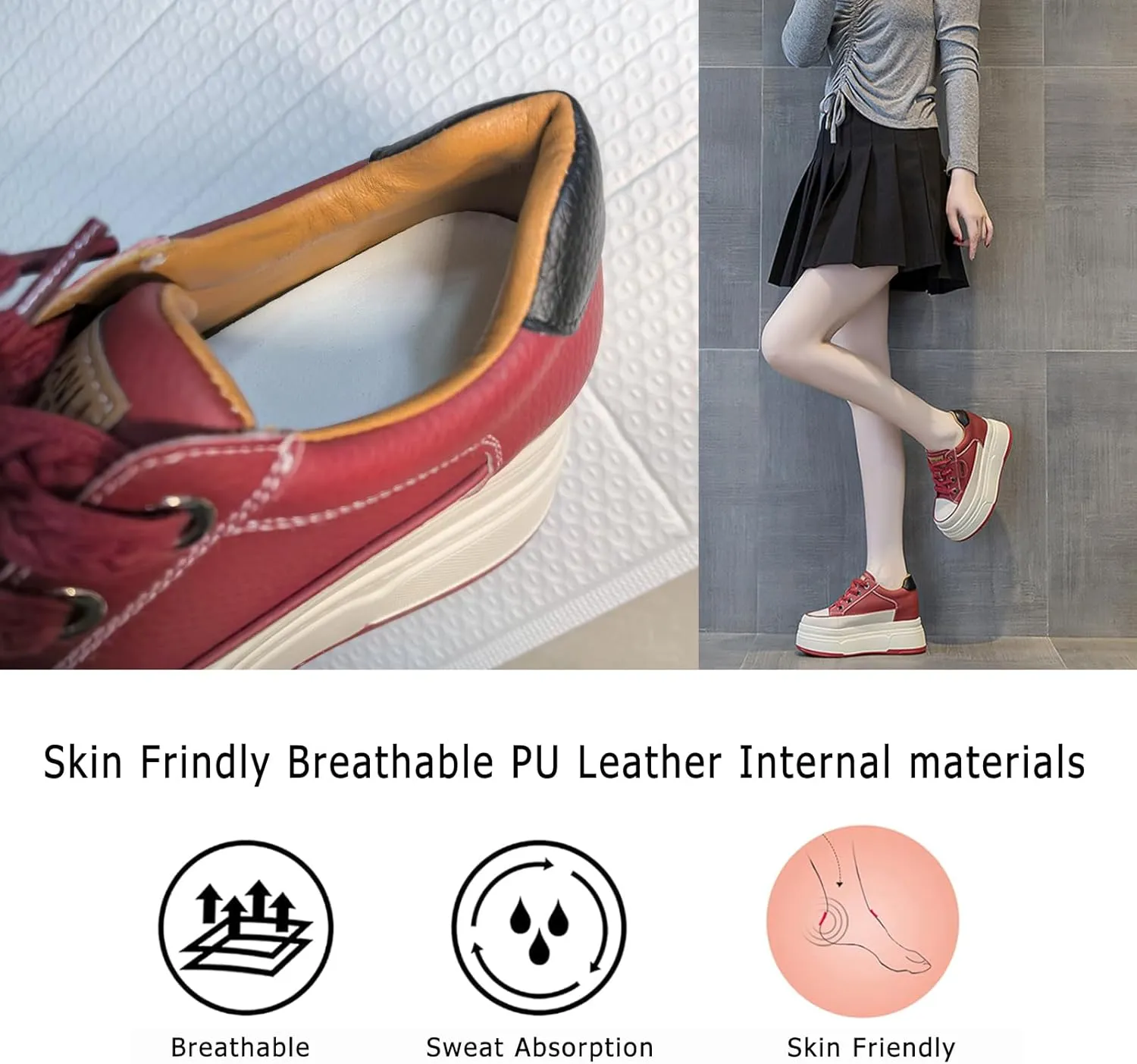 Platform Sneakers for Women - 6cm Heel & 3cm Inner Lift, Comfortable Cushioned Arch Support, Non-Slip Casual Walking Shoes, Microfiber Leather Platform Shoes