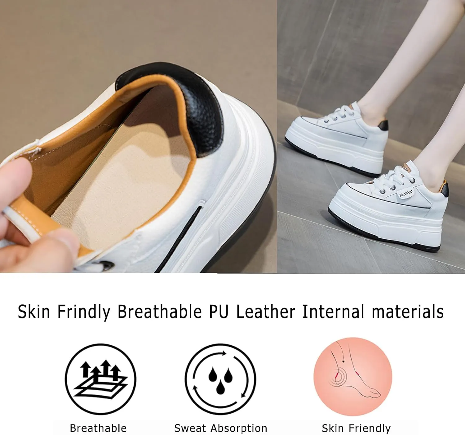 Platform Sneakers for Women - 6cm Heel & 3cm Inner Lift, Comfortable Cushioned Arch Support, Non-Slip Casual Walking Shoes, Microfiber Leather Platform Shoes