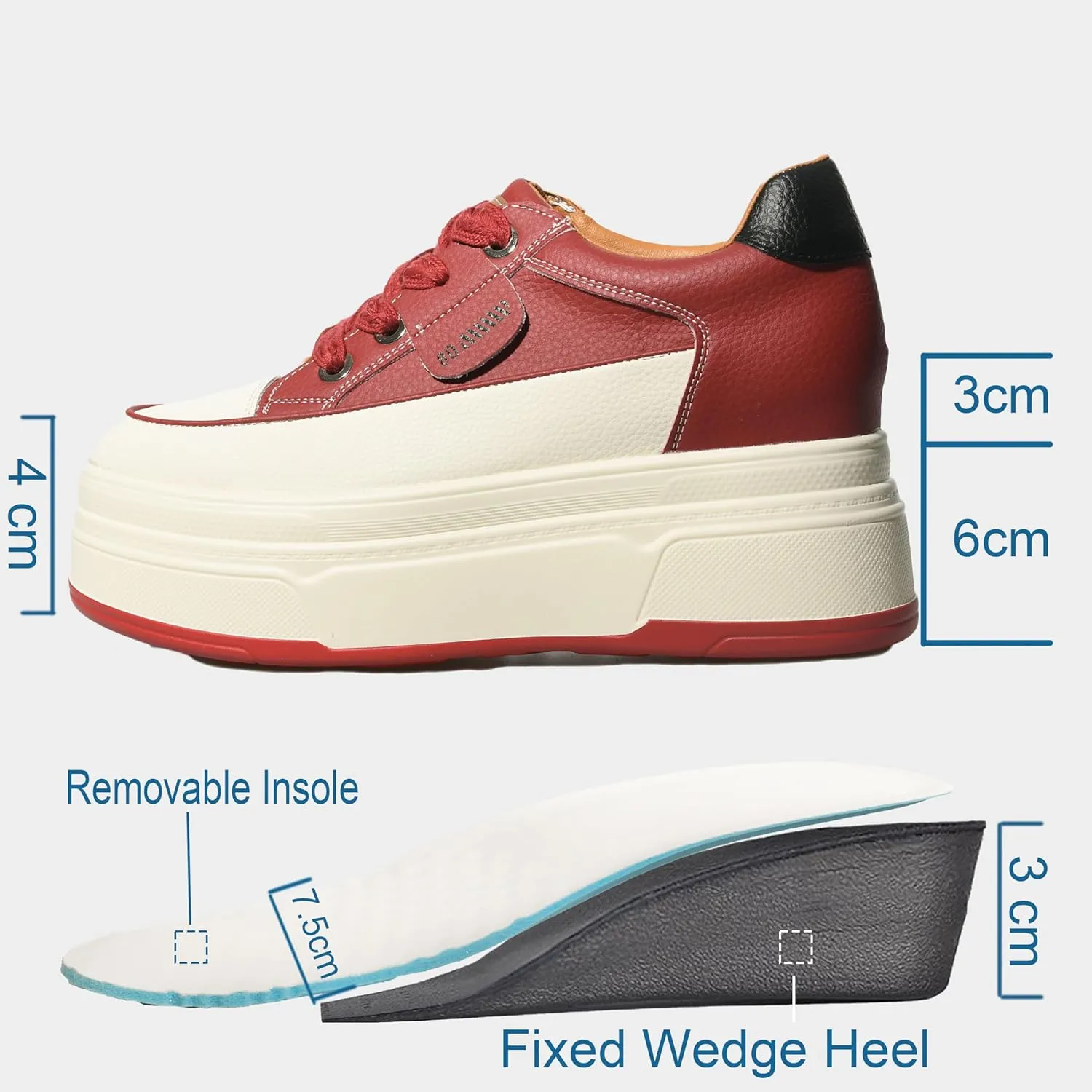 Platform Sneakers for Women - 6cm Heel & 3cm Inner Lift, Comfortable Cushioned Arch Support, Non-Slip Casual Walking Shoes, Microfiber Leather Platform Shoes