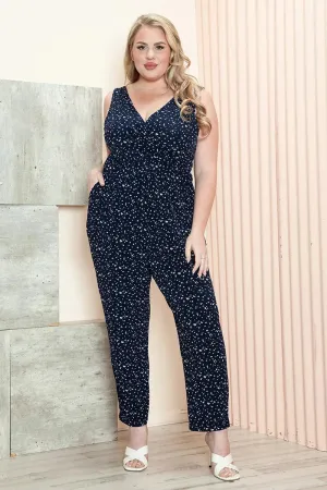 Plus Size Star Print Sleeveless Side Pockets V-Neck Elastic Waist Jumpsuit