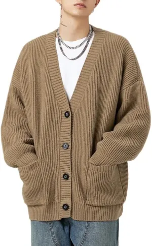 POHADON Mens Cardigan Sweater Button Down Long Sleeve V Neck Cable Knit Sweaters Japanese Streetwear Grunge Clothes