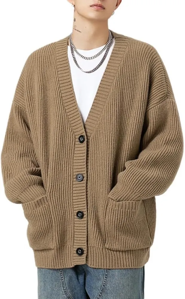 POHADON Mens Cardigan Sweater Button Down Long Sleeve V Neck Cable Knit Sweaters Japanese Streetwear Grunge Clothes