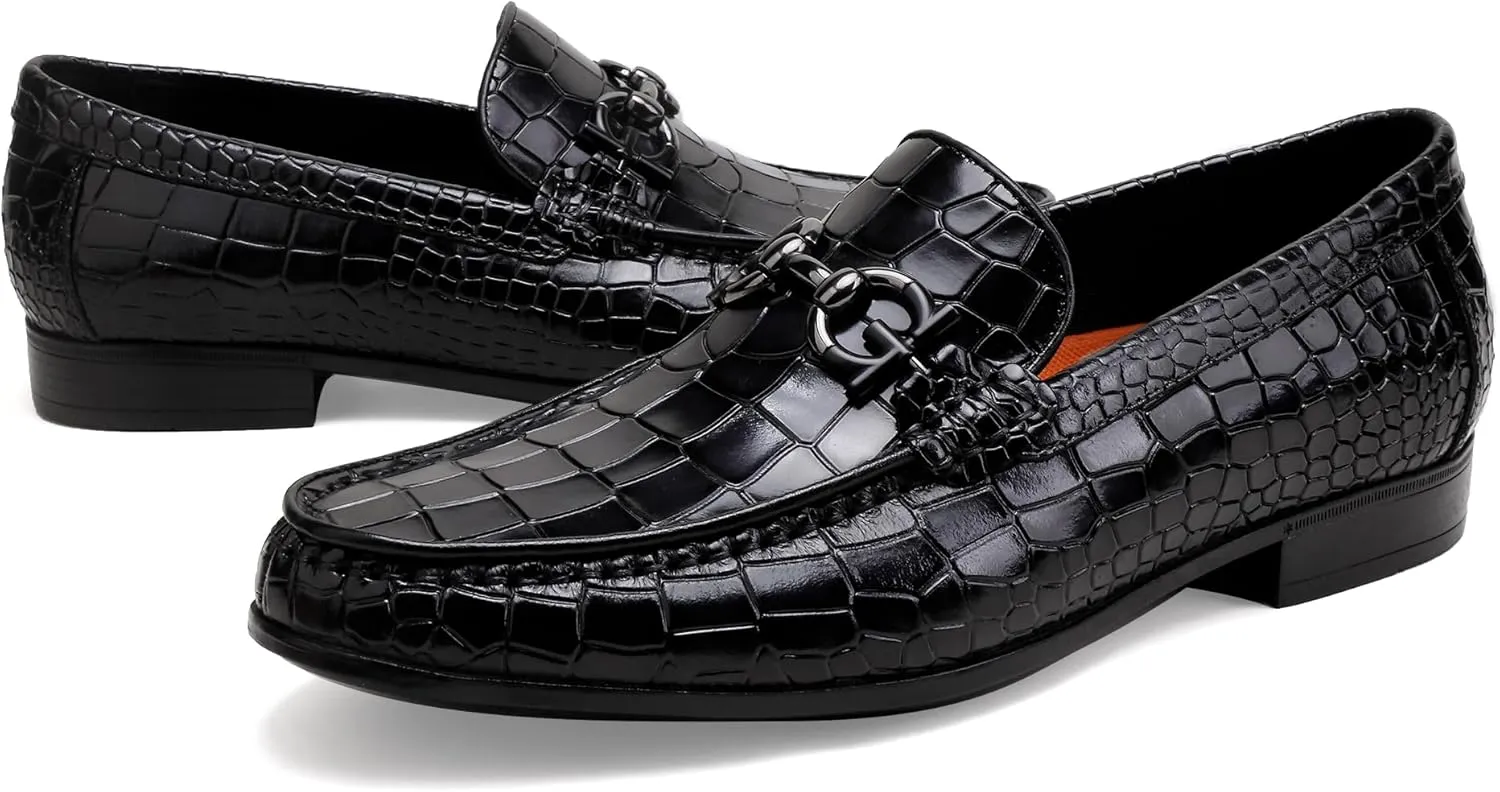 Premium Men's Leather Dress Shoes, Casual Alligator Printed Wedding Slip on Loafers Buckle Business Dress Penny Shoes for Mens