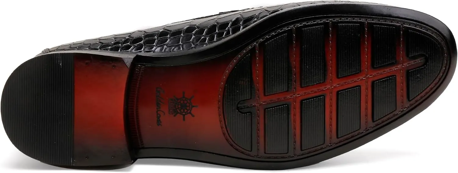 Premium Men's Leather Dress Shoes, Casual Alligator Printed Wedding Slip on Loafers Buckle Business Dress Penny Shoes for Mens