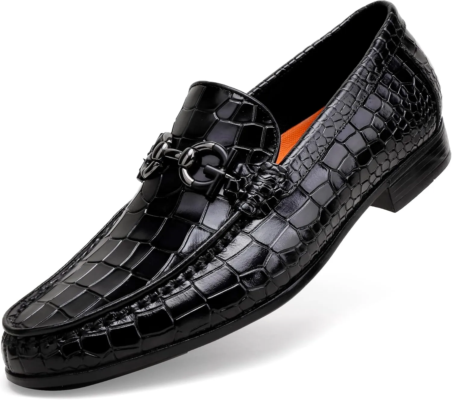 Premium Men's Leather Dress Shoes, Casual Alligator Printed Wedding Slip on Loafers Buckle Business Dress Penny Shoes for Mens