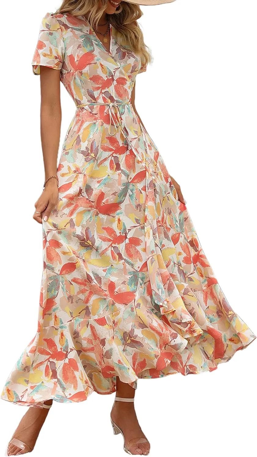 PRETTYGARDEN Women's Summer Maxi Dress Casual Wrap Floral Boho Short Sleeve V Neck Split Ruffle Beach Long Dresses