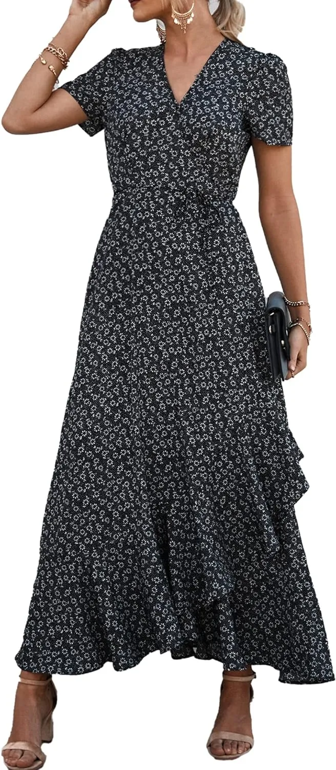 PRETTYGARDEN Women's Summer Maxi Dress Casual Wrap Floral Boho Short Sleeve V Neck Split Ruffle Beach Long Dresses