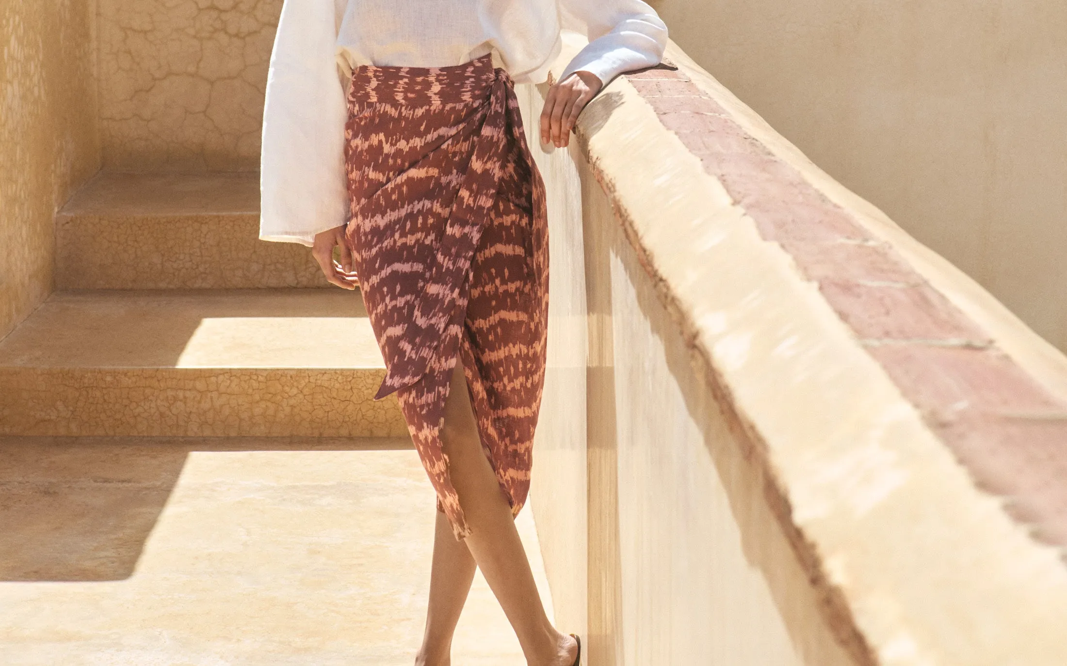 Printed Linen Naxos Skirt - L77FU - Deep Rust Tropical Waves