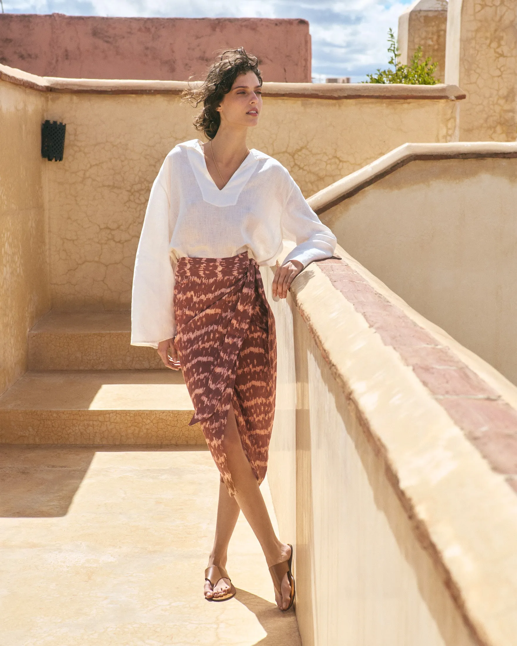 Printed Linen Naxos Skirt - L77FU - Deep Rust Tropical Waves