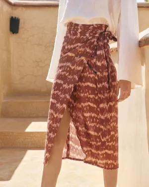 Printed Linen Naxos Skirt - L77FU - Deep Rust Tropical Waves
