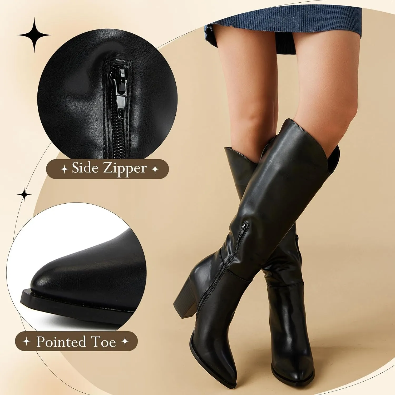 Putu Women's Knee High Boots High Heel Western Boots Pointed Toe Tall Boots Faux Leather