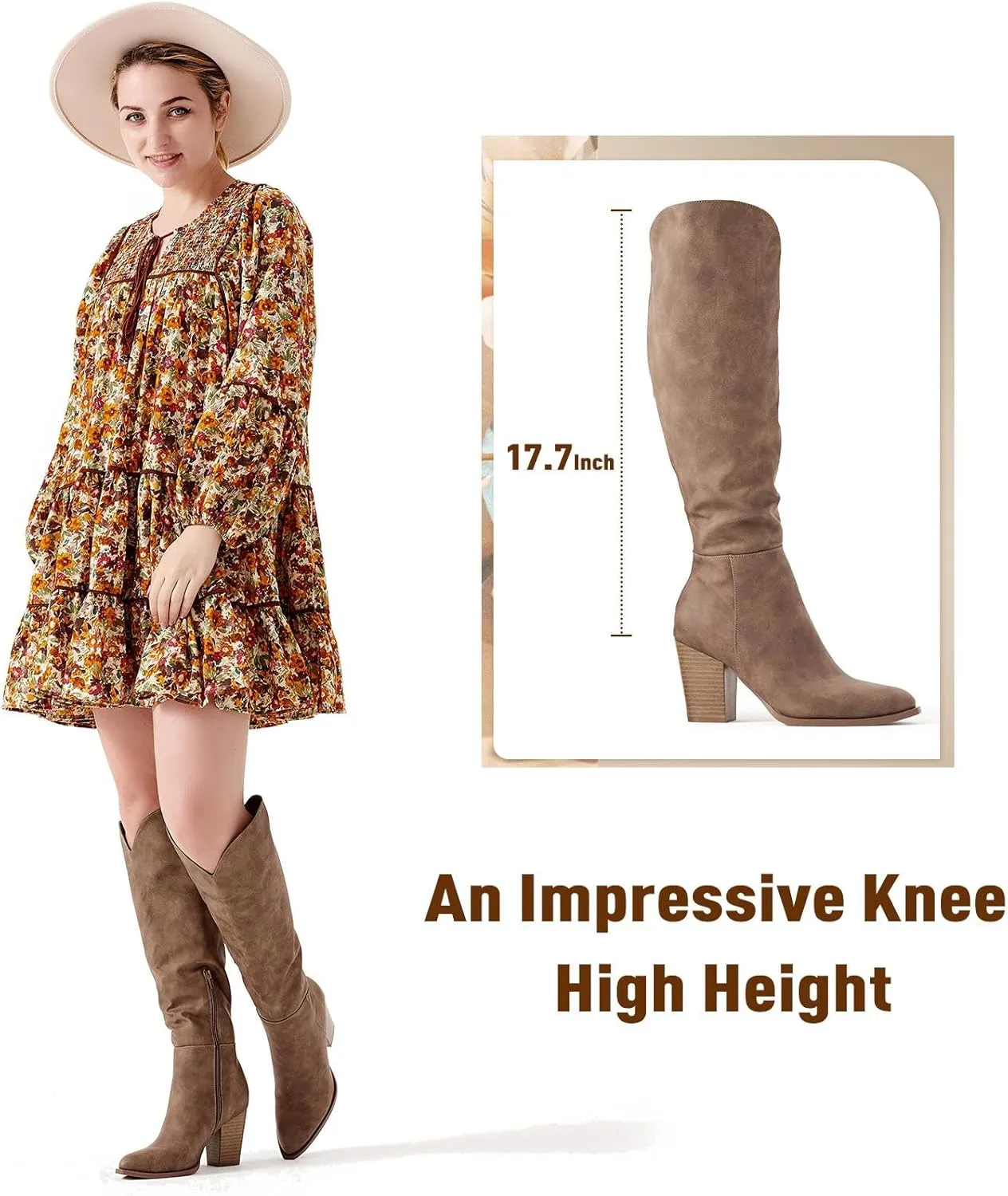 Putu Women's Knee High Boots High Heel Western Boots Pointed Toe Tall Boots Faux Leather