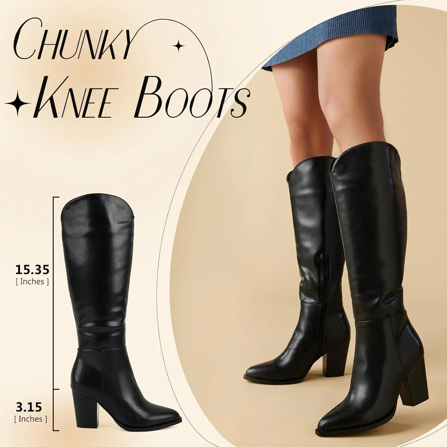 Putu Women's Knee High Boots High Heel Western Boots Pointed Toe Tall Boots Faux Leather