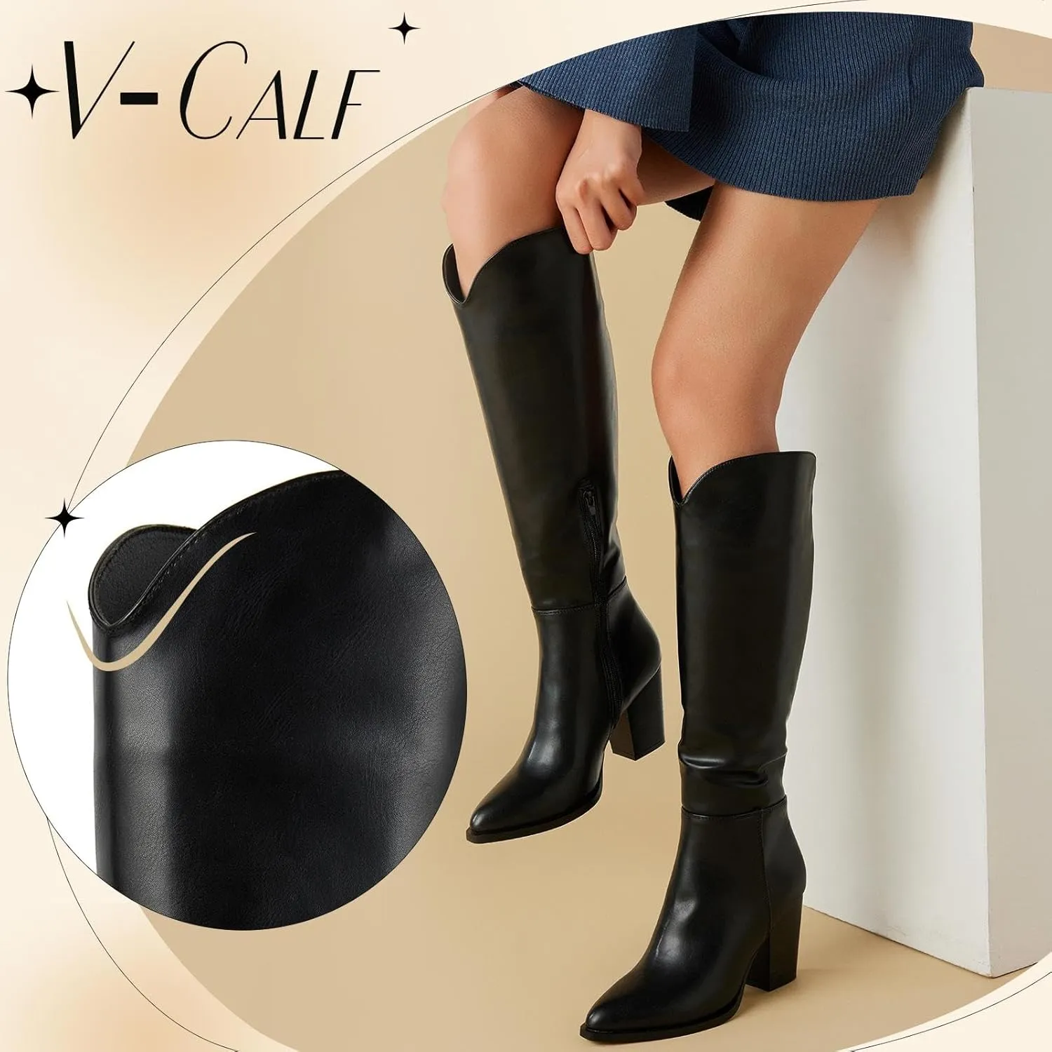 Putu Women's Knee High Boots High Heel Western Boots Pointed Toe Tall Boots Faux Leather